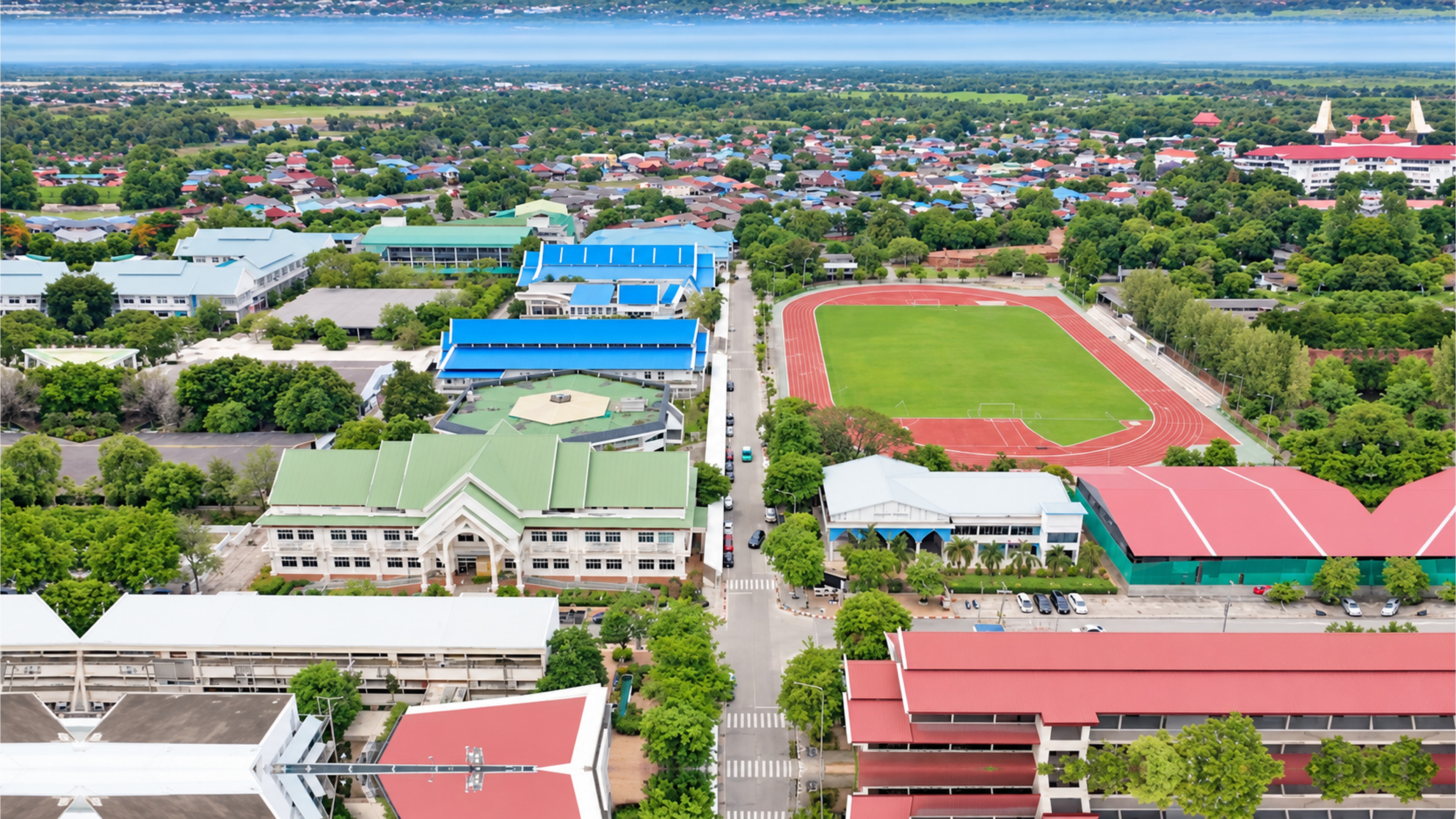 Aerial view of the university campus and athletics track